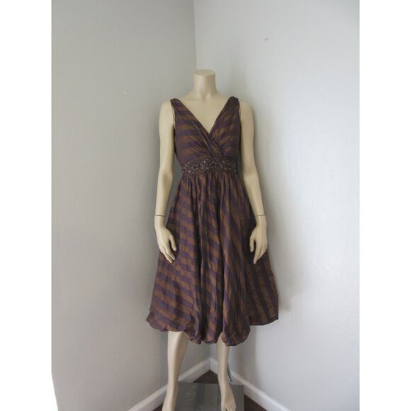 Rickie Freeman for Teri Jon Purple & Bronze Stripe Silk V-Neck Balloon 8 Dress